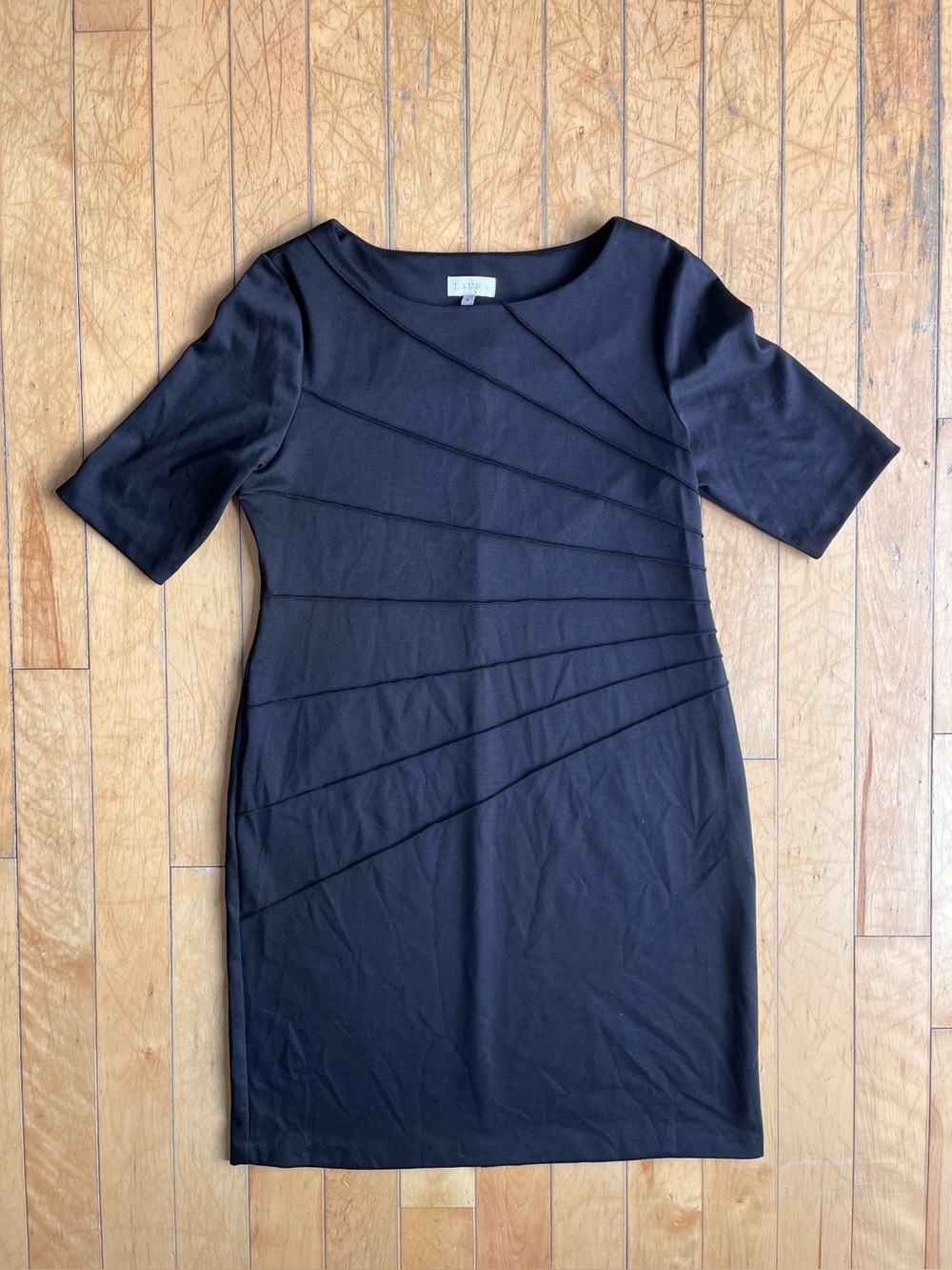 Laura Black Sheath Dress with Asymmetrical Ruched Paneling – Size 16